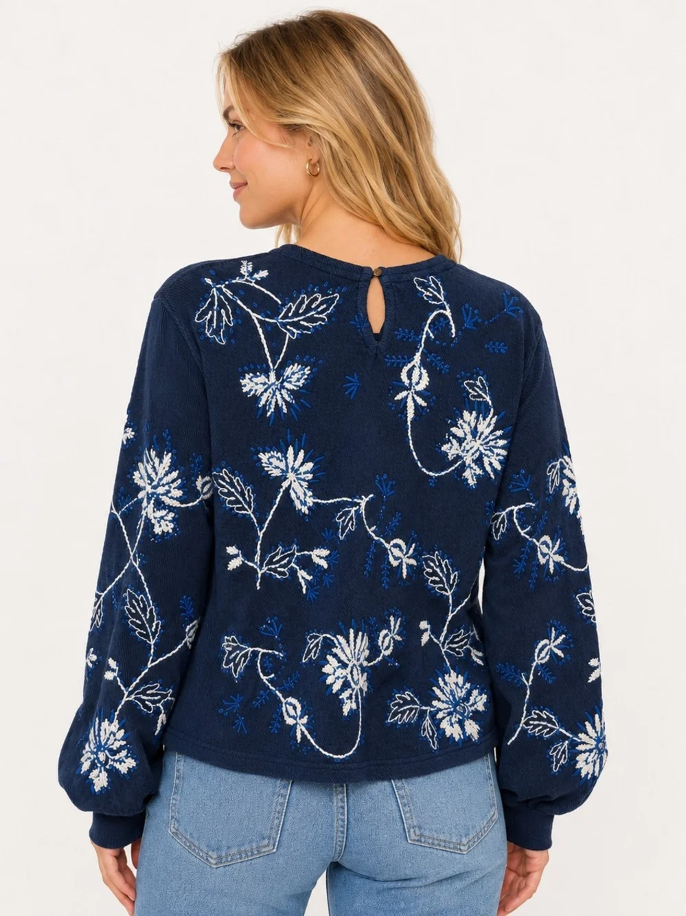 Wrap London Blue Floral Crewneck Sweater with White & Blue  Embroidery - Picture 2 of 7